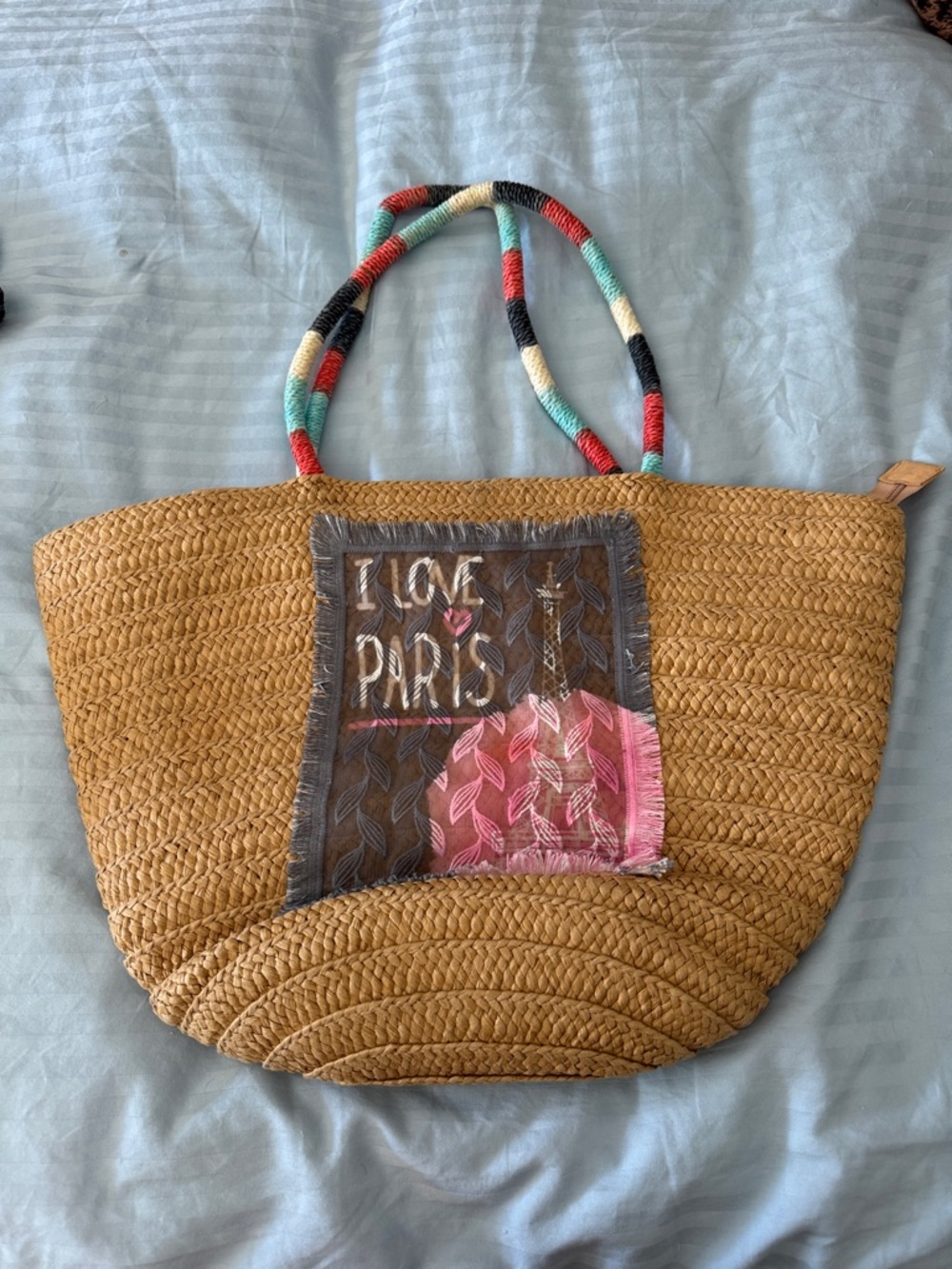 Straw Tote Bag with Pink Accent and Multicolor Handles